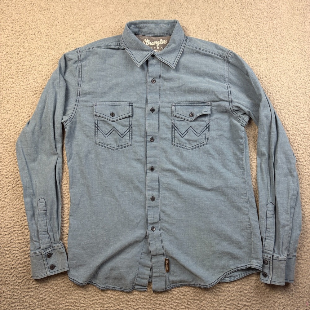 Wrangler Retro Shirt Mens Medium Blue Chambray Western Pearl Snap Cowboy Cotton